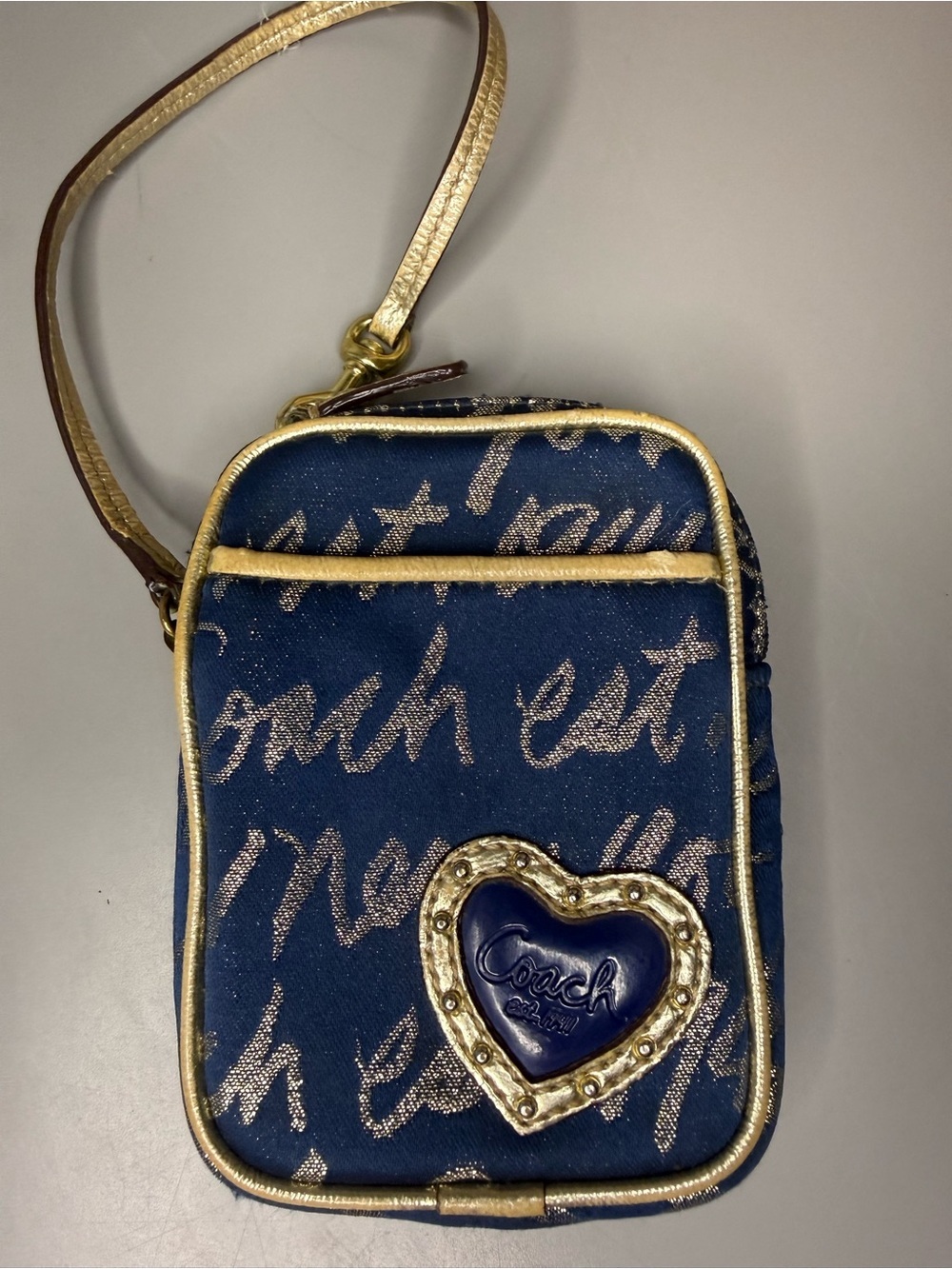 Coach Poppy Script heart Navy Blue New York wristlet